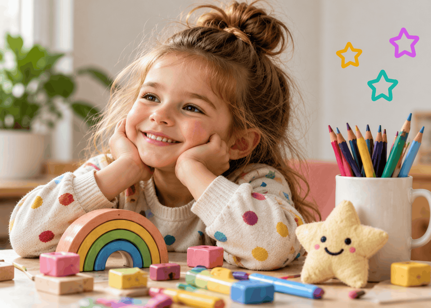 Enfant souriante entourée de jeux créatifs et de jouets colorés