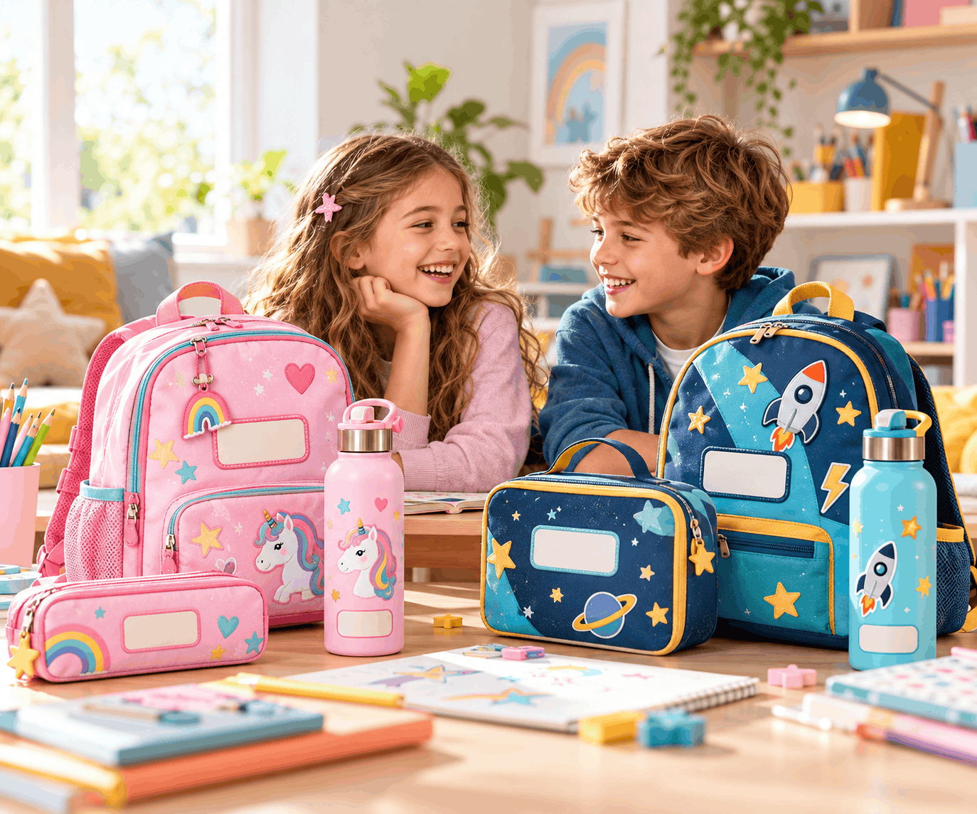 Enfants avec des sacs et gourdes personnalisés Milkids